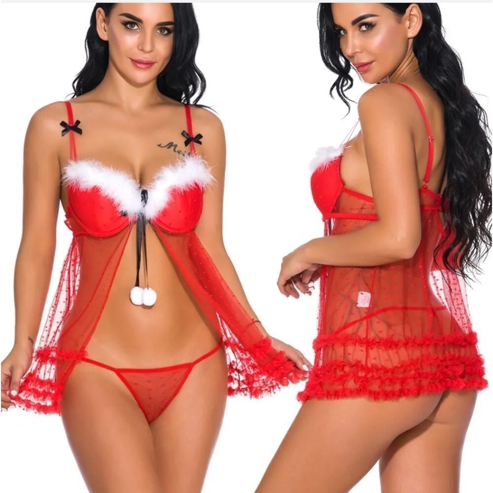 Women Sexy Lingerie Santa Lingerie Set Lace Babydoll Teddy Nighties Christmas US